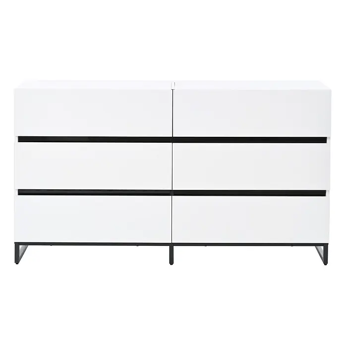 SONNENH Kommode 140 x 39,5 x 78,5 cm, Weiß -  - Weißes Sideboard mit sechs Schubladen, schwarzen Griffen und schwarzem Metallgestell.