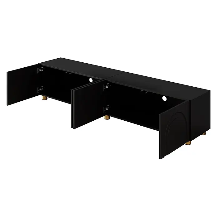 SONNENH Kommode 180 x 35 x 40 cm, Schwarz -  - Schwarzes Mediencenter mit vier Türen, zwei davon offen, mit Staufächern und Kabeldurchführungen, auf goldfarbenen Beinen.