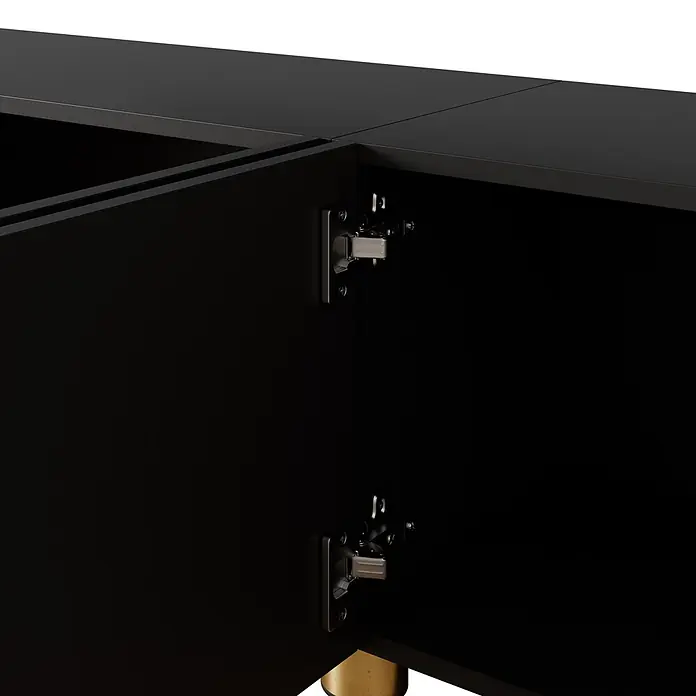 SONNENH Kommode 180 x 35 x 40 cm, Schwarz -  - Schwarzer Schrank mit geöffneten Türen, die Scharniere und ein goldenes Bein zeigen.