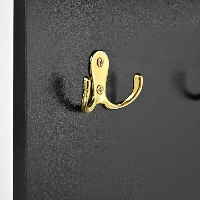 SONNENH Garderobe 78 x 38,5 x 180,5 cm, 2 Schrankfächer, Schwarz/Gold -  - Glänzender goldfarbener Doppelkleiderhaken auf einer dunklen strukturierten Platte.