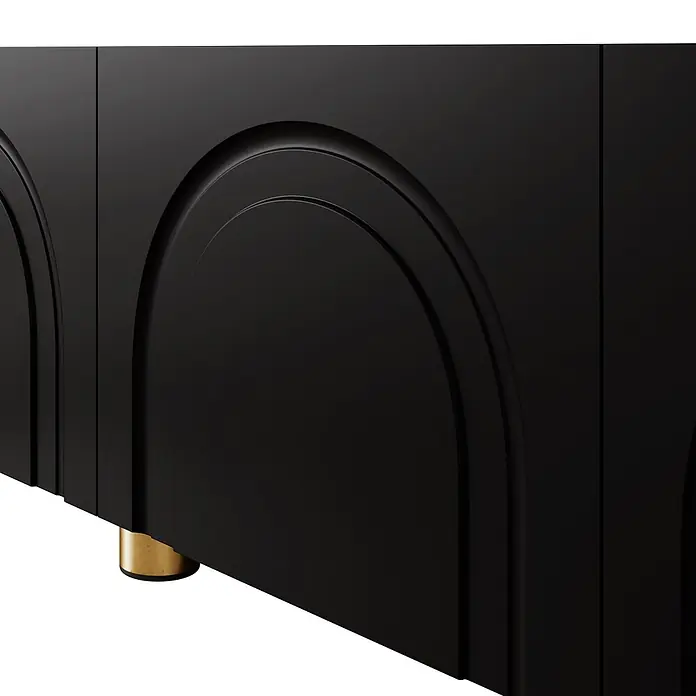 SONNENH Kommode 180 x 35 x 40 cm, Schwarz -  - Schwarzer Schrank mit gewölbten Paneeldetails und goldenem Zylinderfuß.