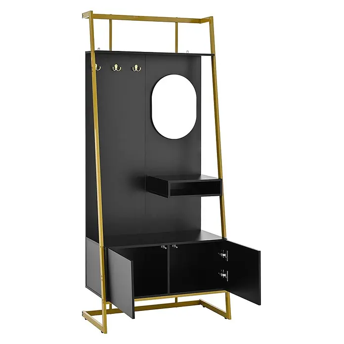 SONNENH Garderobe 78 x 38,5 x 180,5 cm, 2 Schrankfächer, Schwarz/Gold -  - Schwarzer und goldener Garderobenständer mit ovalem Spiegel, drei Haken, Ablage und Schrankfächern mit offenen Türen.