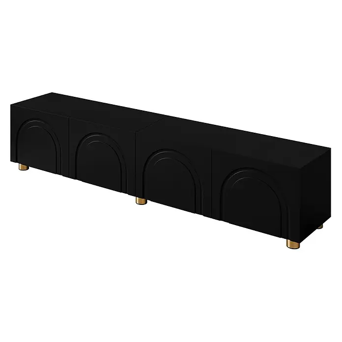 SONNENH Kommode 180 x 35 x 40 cm, Schwarz -  - Schwarzes Sideboard mit vier Türen, gewölbten Reliefdesigns und goldenen zylindrischen Beinen.