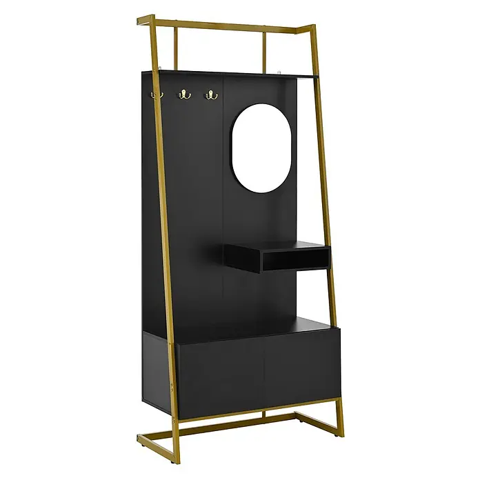 SONNENH Garderobe 78 x 38,5 x 180,5 cm, 2 Schrankfächer, Schwarz/Gold -  - Schwarze und goldene Garderobe mit ovalem Spiegel, drei Haken, einem kleinen Regal und einem zweitürigen Schrank zur Aufbewahrung.