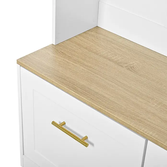 SONNENH Kompaktgarderobe 105 x 40 x 180 cm, 7 Fächer, Natur/Weiß -  - Weißes Möbelstück mit heller Holzmaserung-Oberseite und goldenem Griff an einer Schublade.