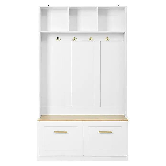 SONNENH Kompaktgarderobe 105 x 40 x 180 cm, 7 Fächer, Natur/Weiß -  - Weißer Garderobenschrank mit heller Holzbank, oberen Staufächern und zwei Schubladen mit goldenen Griffen und Haken.