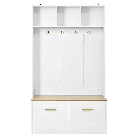 SONNENH Kompaktgarderobe 105 x 40 x 180 cm, 7 Fächer, Natur/Weiß