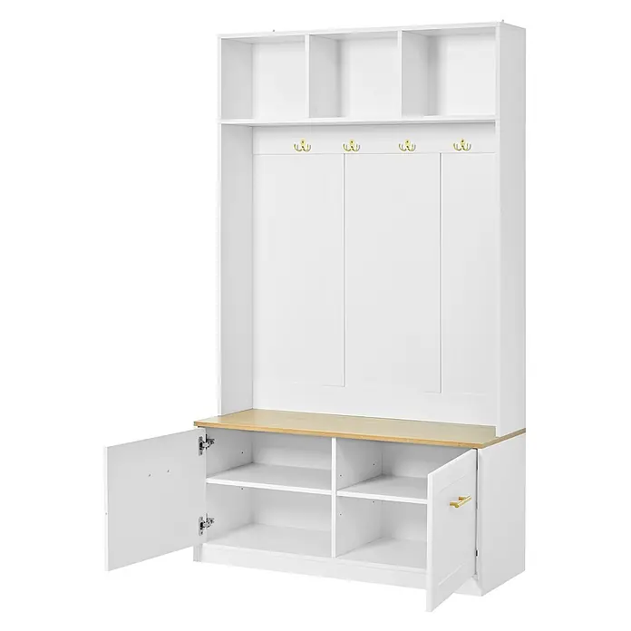 SONNENH Kompaktgarderobe 105 x 40 x 180 cm, 7 Fächer, Natur/Weiß -  - Weißer Garderobenschrank mit heller Holzbank, goldfarbenen Haken und offenem/geschlossenem Stauraum.