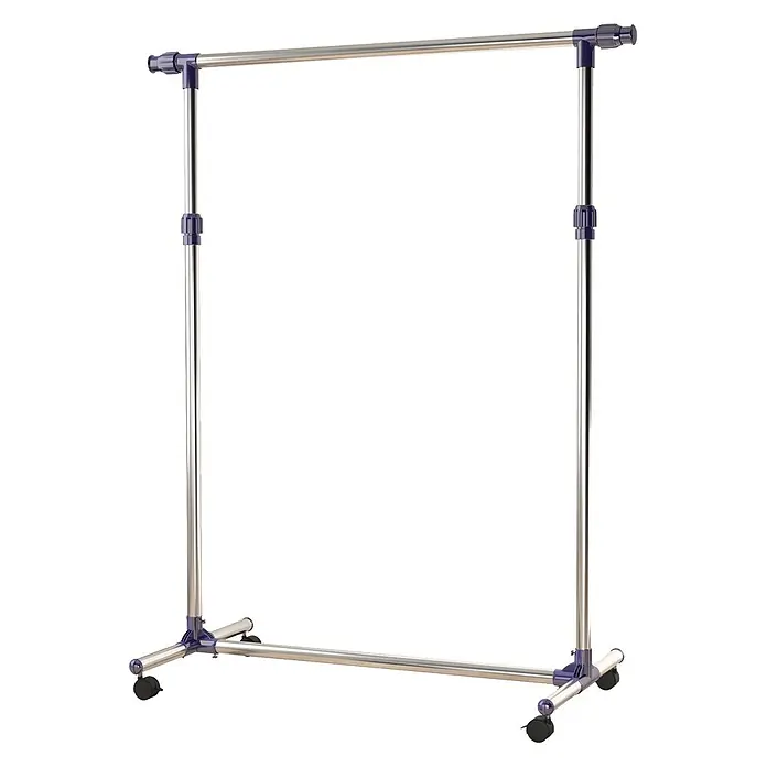 SONNENH Kleiderständer 86 x 45 x 95 cm, 1 Kleiderstange, Silber -  - Ein verstellbarer, rollbarer Kleiderständer mit silbernen Metallrohren und lila Kunststoffverbindern.