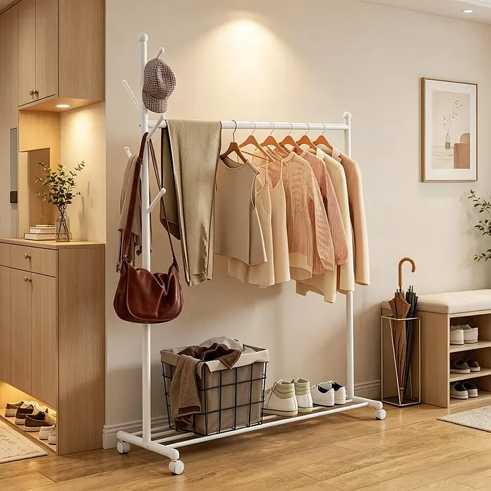 SONNENH Garderobenständer 120 x 43 x 171 cm, 1 Ablage, Weiß -  - Weißer mobiler Garderobenständer mit Haken oben, Kleiderstange und unterer Ablage für Schuhe und einen Korb.