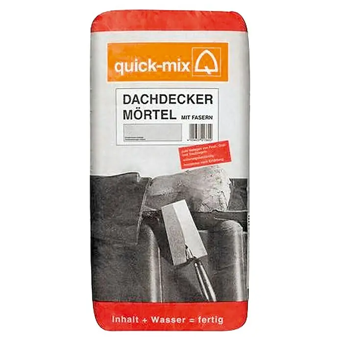 Quick-Mix Dachdeckermörtel - Rot, 10 kg - Sack Quick-Mix Dachdeckermörtel mit dem Logo der Marke und einer Abbildung von Dachziegeln und Werkzeug.