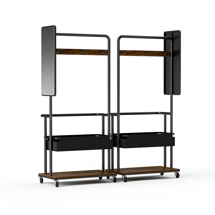 SONNENH Garderobe 70 x 40 x 170 cm, 1 Ablage, Schwarz/Braun -  - Zwei moduläre Kleiderständer aus schwarzem Metall und dunklem Holz, mit Ablagen, Stoffbehältern, Haken, einem Spiegel und Rollen.