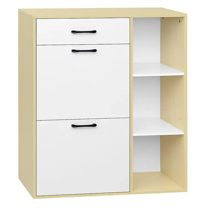 SONNENH Schuhkipper 80 x 30 x 90 cm, 3 offene Fächer, Weiß -  - Helles Holzregal mit weißen Türen/Schubladen und schwarzen Griffen sowie offenen Fächern.