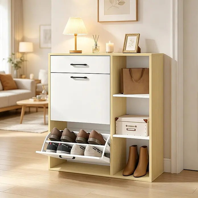 SONNENH Schuhkipper 80 x 30 x 90 cm, 3 offene Fächer, Weiß -  - Schuhschrank aus hellem Holz und Weiß mit zwei kippbaren Schuhfächern, einer oberen Schublade und Seitenablagen. Schuhe und Deko sind sichtbar.