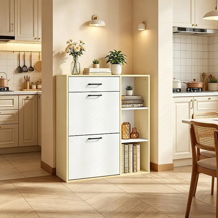 SONNENH Schuhkipper 80 x 30 x 90 cm, 3 offene Fächer, Weiß -  - Zweifarbiger Aufbewahrungsschrank mit weißen Klapptüren und offenen Regalen, bietet funktionellen Stauraum und Präsentationsfläche in einem hellen, modernen Zuhause.