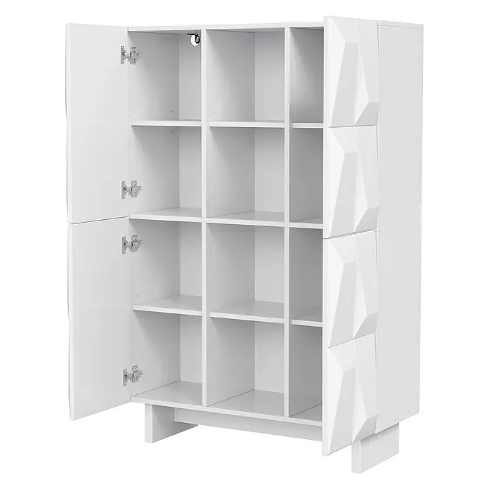 SONNENH Schuhschrank 90,5 x 34 x 135,5 cm, 12 Fächer, Weiß -  - Weißer Schrank mit offenen Fächern und geometrisch strukturierten Türen.