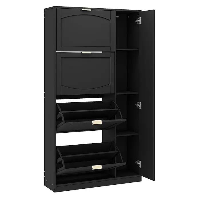 SONNENH Schuhschrank 80 x 24 x 147 cm, 4 Klappfächer, Schwarz -  - Schwarzer Schuhschrank mit zwei Kippfächern, zwei oberen Schubladen und einem Seitenfach mit Regalen, goldene Griffe.