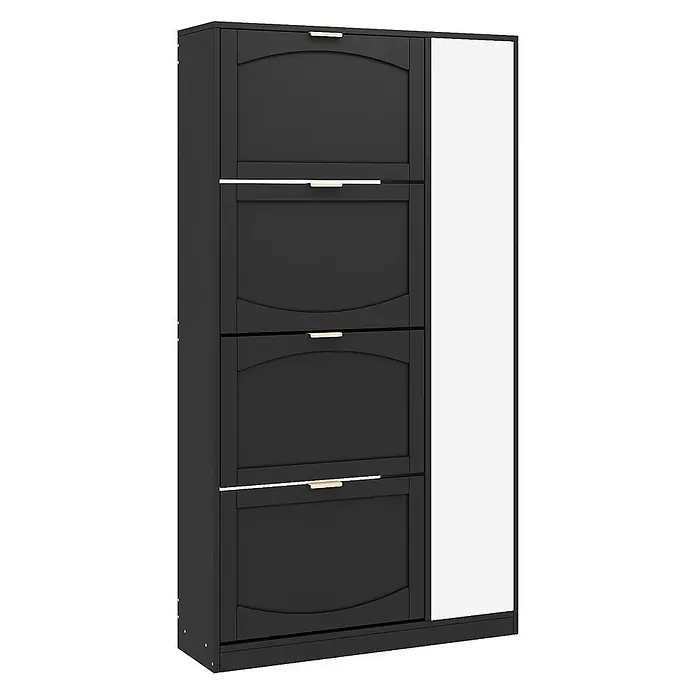 SONNENH Schuhschrank 80 x 24 x 147 cm, 4 Klappfächer, Schwarz -  - Schwarzer Schuhschrank mit vier Kippfächern, goldenen Griffen und einer Spiegeltür.