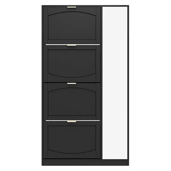 SONNENH Schuhschrank 80 x 24 x 147 cm, 4 Klappfächer, Schwarz -  - Dunkelgrauer Schuhschrank mit vier Kippfächern, goldenen Griffen und einem weißen Spiegel an der Seite.