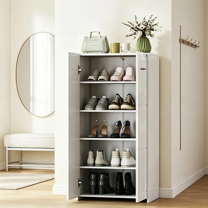 SONNENH Schuhschrank 55 x 36 x 108 cm, 5 Ebenen, Weiß -  - Weißer Schuhschrank mit offenen Türen, der verschiedene Schuhe auf mehreren Regalen in einem Eingangsbereich präsentiert.