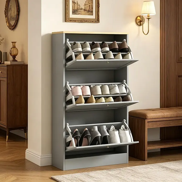 SONNENH Schuhschrank 60 x 23,5 x 115 cm, 3 Klappfächer, Grau -  - Grauer Schuhschrank mit heller Holzplatte, Schuhe in einer Eingangshalle.