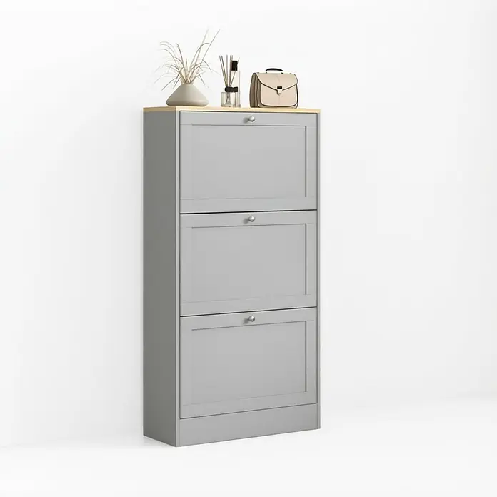 SONNENH Schuhschrank 60 x 23,5 x 115 cm, 3 Klappfächer, Grau -  - Grauer Schuhschrank mit drei Kippfächern und heller Holzplatte.