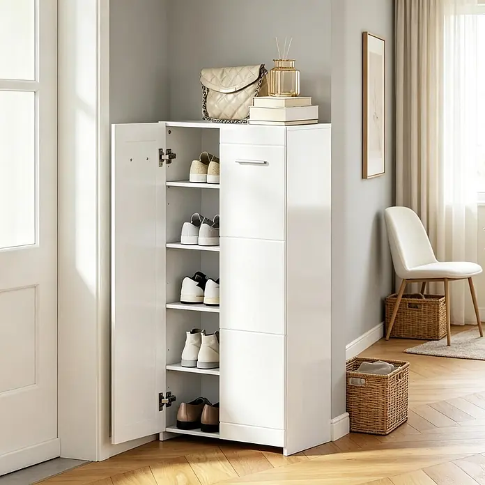 SONNENH Schuhschrank 55 x 36 x 108 cm, 5 Ebenen, Weiß -  - Weißer Schuhschrank mit offenen Türen, der Schuhe auf Regalen zeigt, und geschlossenen Fächern.