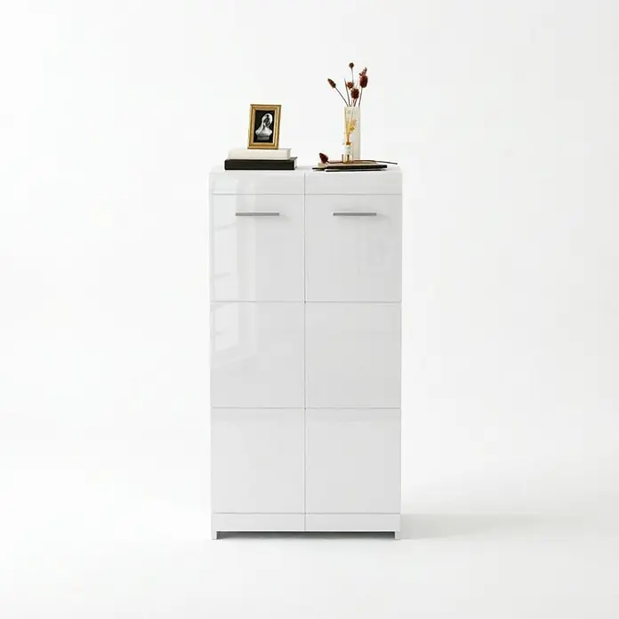 SONNENH Schuhschrank 55 x 36 x 108 cm, 5 Ebenen, Weiß -  - Hoher weißer Hochglanz-Aufbewahrungsschrank mit silbernen Stangengriffen und mehreren Türen.
