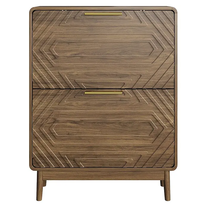 SONNENH Schuhschrank 60 x 24 x 95 cm, 2 Klappfächer, Walnussoptik -  - Dunkelbraune Holzkommode mit zwei Schubladen, goldenen Griffen und geschnitztem geometrischem Muster.