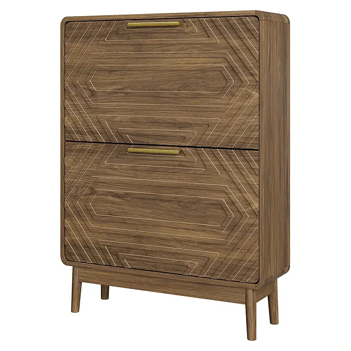 SONNENH Schuhschrank 60 x 24 x 95 cm, 2 Klappfächer, Walnussoptik -  - Braune Holzkommode mit 2 Schubladen, Messinggriffen und geschnitztem Geometermuster.