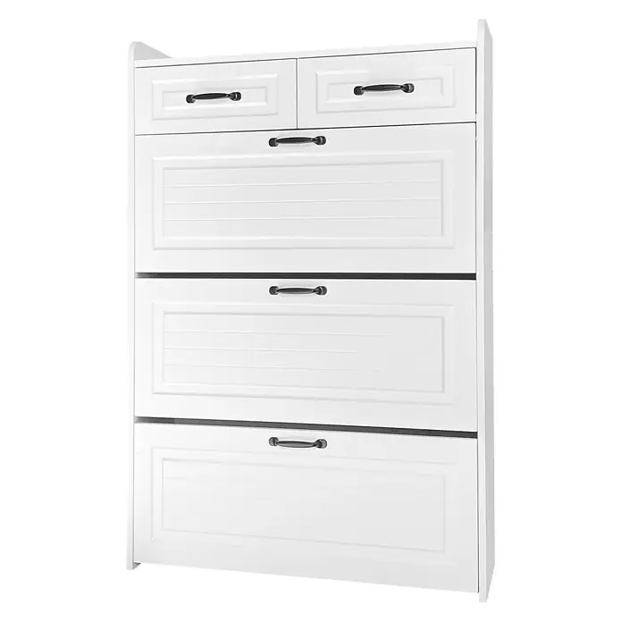 SONNENH Schuhschrank 80 x 23,5 x 131 cm, 2 Schubladen, Weiß -  - Weißer Schuhschrank mit zwei oberen Schubladen und drei lamellenartigen Kippfächern, versehen mit schwarzen Griffen.