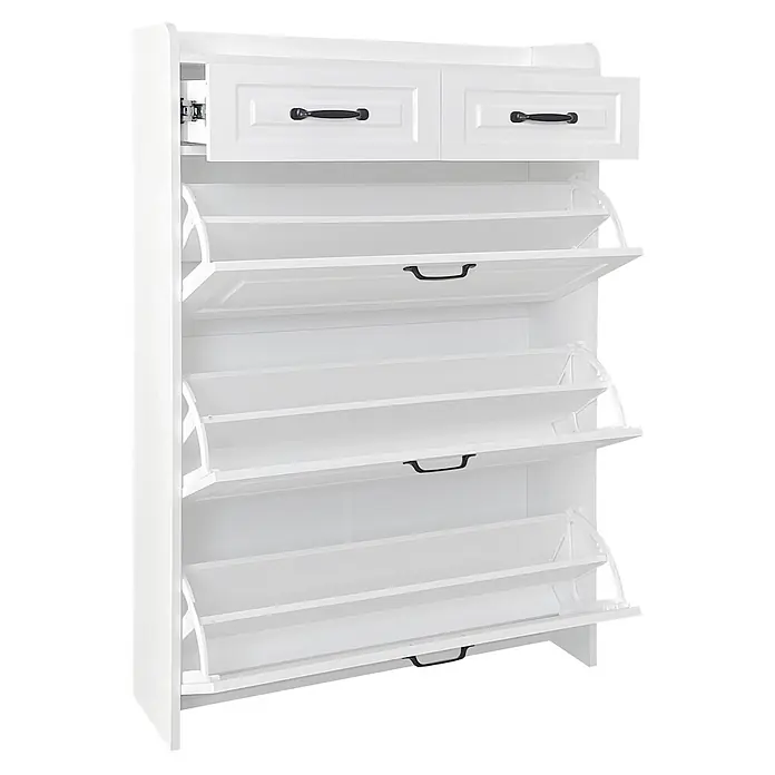 SONNENH Schuhschrank 80 x 23,5 x 131 cm, 2 Schubladen, Weiß -  - Weißer Schuhschrank mit zwei Schubladen (eine offen) und drei Kippfächern (alle offen) mit schwarzen Griffen.