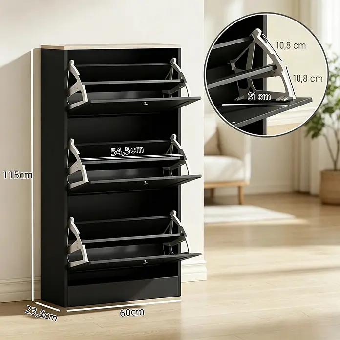 SONNENH Schuhschrank 60 x 23,5 x 115 cm, 3 Klappfächer, Schwarz/Holzoptik -  - Schwarzer Schuhschrank mit heller Holzplatte, 3 kippbaren Fächern, doppelten Innenablagen und Maßen von 115x60x23,5 cm.