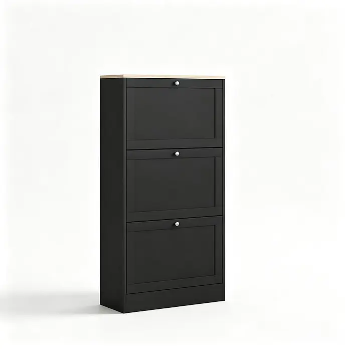 SONNENH Schuhschrank 60 x 23,5 x 115 cm, 3 Klappfächer, Schwarz/Holzoptik -  - Schwarzer dreistufiger Schuhschrank mit Kippfächern, heller Holzplatte und silbernen Knöpfen.