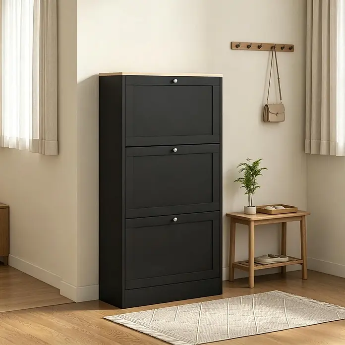 SONNENH Schuhschrank 60 x 23,5 x 115 cm, 3 Klappfächer, Schwarz/Holzoptik -  - Schwarzer Schuhschrank mit heller Holzplatte und drei Klappfächern, im Eingangsbereich platziert.