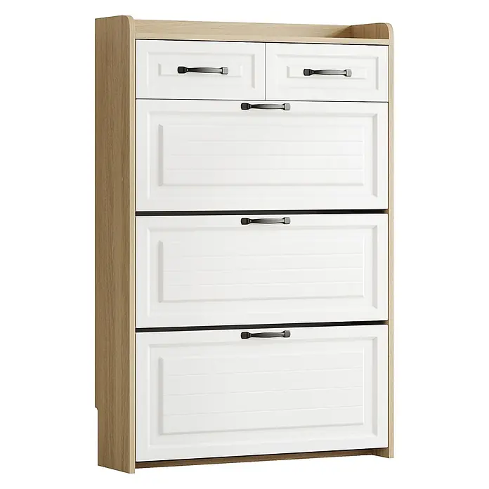 SONNENH Schuhschrank 80 x 23,5 x 131 cm, 2 Schubladen, Natur/Weiß -  - Weißer und heller Holzschuhschrank mit zwei oberen und drei größeren Lamellenschubladen unten, alle mit schwarzen Griffen.