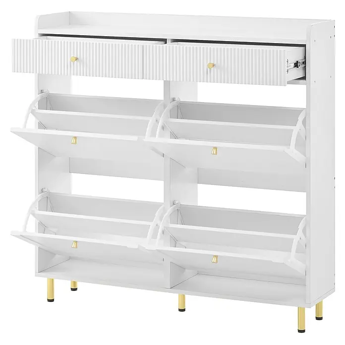 SONNENH Schuhschrank 106,5 x 25 x 105,5 cm, 2 Schubladen, Weiß -  - Weißer Schuhschrank mit zwei geriffelten Schubladen und vier kippbaren Schuhfächern, mit goldenen Akzenten und Beinen.