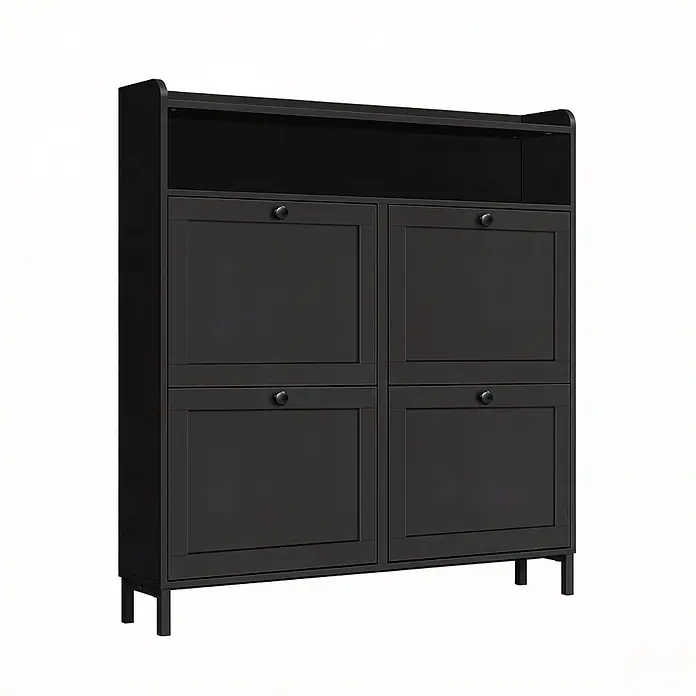SONNENH Schuhschrank 100 x 19,5 x 107 cm, 4 Klappfächer, Schwarz -  - Schwarzer Schuhschrank mit vier Kippfächern und offener oberer Ablage, auf vier Beinen stehend.