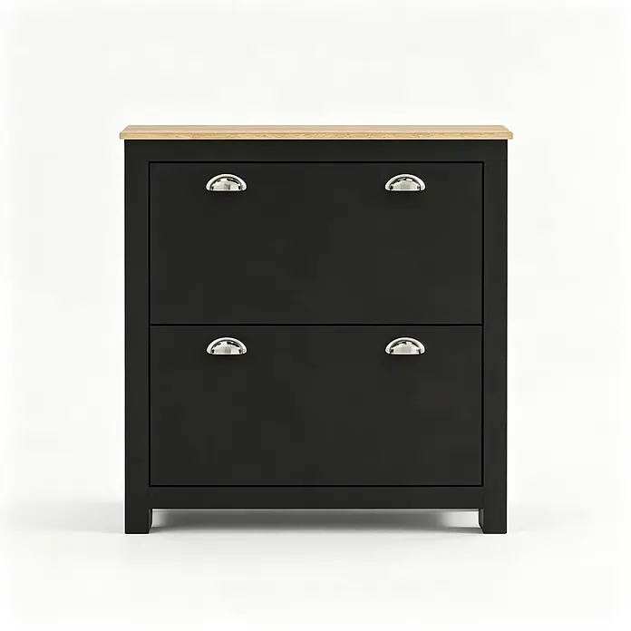 SONNENH Schuhschrank 79 x 23 x 90,5 cm, 2 Fächer, Schwarz -  - Schwarzer Schuhschrank mit heller Holzplatte und silbernen Griffen, mit zwei kippbaren Fächern zur Schuhaufbewahrung.