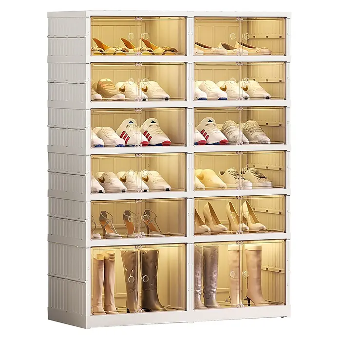 SONNENH Schuhschrank 87,12 x 34,54 x 116,84 cm, 6 Ebenen, Weiß -  - Weißer stapelbarer, modularer Schuhschrank mit transparenten Türen, der verschiedene Schuhe zeigt.