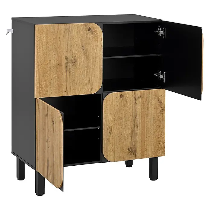 SONNENH Schuhschrank 80 x 38,5 x 95 cm, 8 Fächer, Schwarz/Natur -  - Dunkelgrauer Schrank mit Holzoptik-Türen und schwarzen Einlegeböden, Türen teilweise offen.
