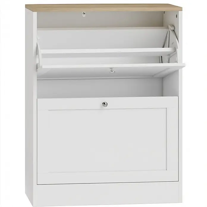 SONNENH Schuhschrank 60 x 23,5 x 80 cm, 2 Klappfächer, Eichenoptik/Weiß -  - Weißer Schuhschrank mit heller Holzplatte und zwei kippbaren Schuhfächern, dazu ein offenes Regal.