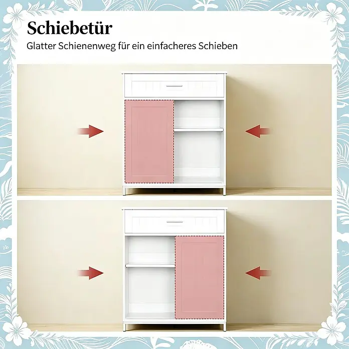 SONNENH Aufbewahrungsschrank 70 x 30 x 80,2 cm, Weiß -  - Weißer Schrank mit rosafarbener Schiebetür, in zwei Positionen gezeigt, um den reibungslosen Schiebemechanismus zu demonstrieren.