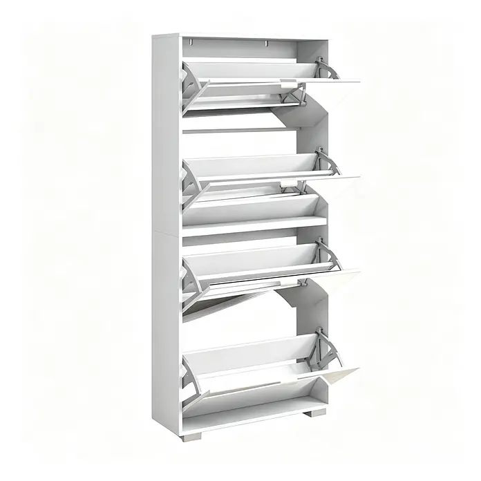 SONNENH Spiegelschuhschrank 76 x 26 x 168 cm, 4 Klappfächer, Weiß -  - Weißer hoher Schuhschrank mit sechs geöffneten Kippfächern zur Schuhaufbewahrung.