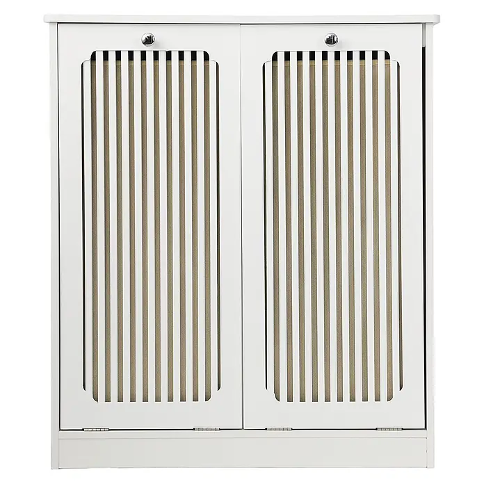 SONNENH Wäscheschrank 66 x 35 x 76 cm, Weiß -  - Weißer Schrank mit zwei Lamellentüren, beigem Stoffeinsatz und Chromgriffen.