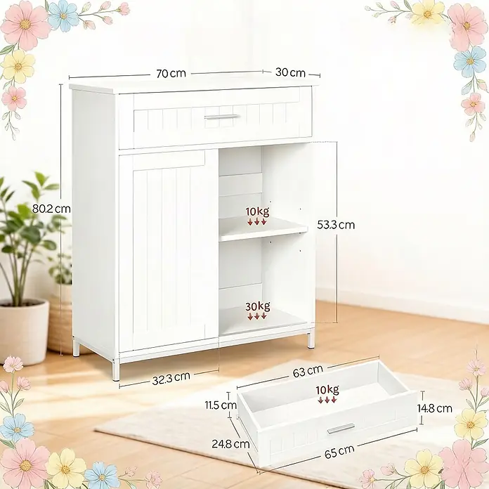 SONNENH Aufbewahrungsschrank 70 x 30 x 80,2 cm, Weiß -  - Weißer Aufbewahrungsschrank mit Schublade und Regalböden, mit Maßen und Traglasten.