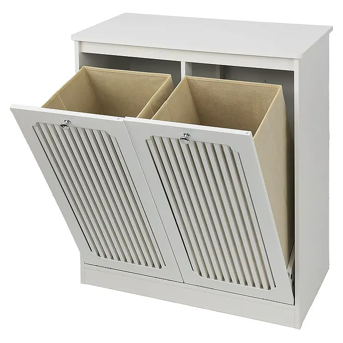 SONNENH Wäscheschrank 66 x 35 x 76 cm, Weiß -  - Weißer Wäschesammelschrank mit zwei Kippfächern und beigefarbenen Stoffbeuteln.