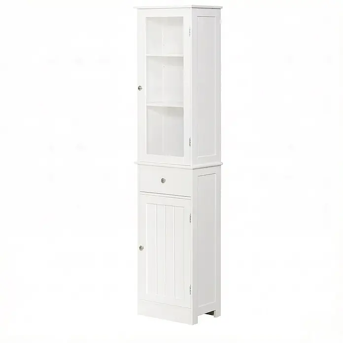 SONNENH Hochschrank 40 x 27 x 171,5 cm, Weiß -  - Hoher weißer Aufbewahrungsschrank mit Glastür, einer Schublade und einer unteren Lamellentür.