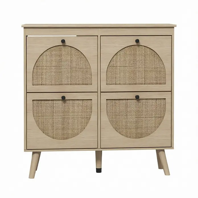 SONNENH Schuhschrank 105 x 24 x 97,5 cm, 4 Klappfächer, Natur -  - Helles Holzschränkchen mit vier Schubladen, halbrunden Details aus Wiener Geflecht und schwarzen Knöpfen, auf konischen Beinen.