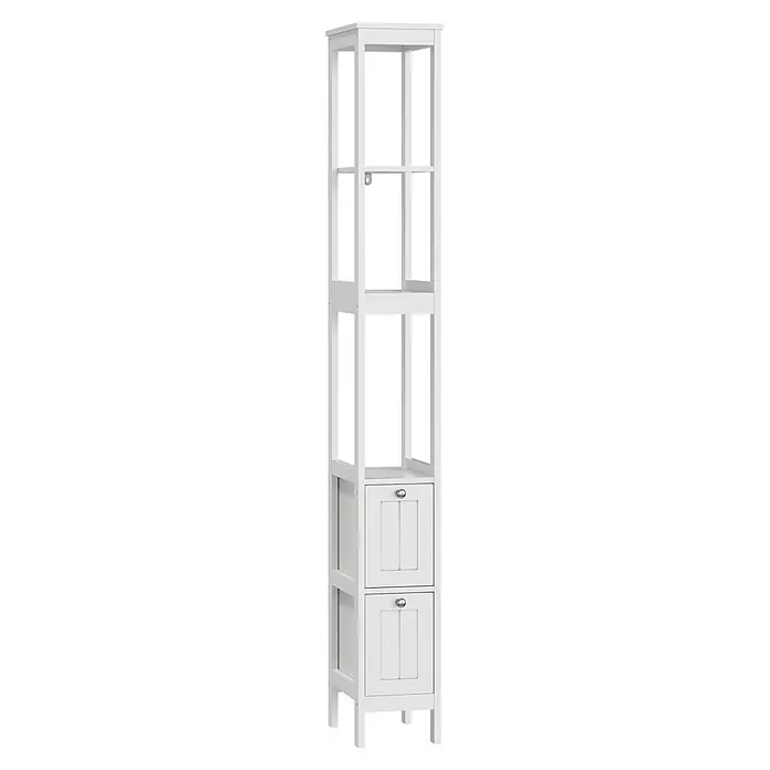 SONNENH Hochschrank 20 x 30 x 161 cm, Weiß -  - Hoher, weißer Holzschrank mit offenen Regalen und zwei unteren Schubladen mit silbernen Knöpfen.